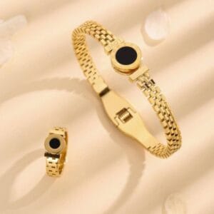 ست دستبند و انگشتر استیل طلایی